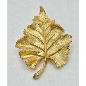 Vintage Signed Textured Gold Tone Leaf Brooch Pin